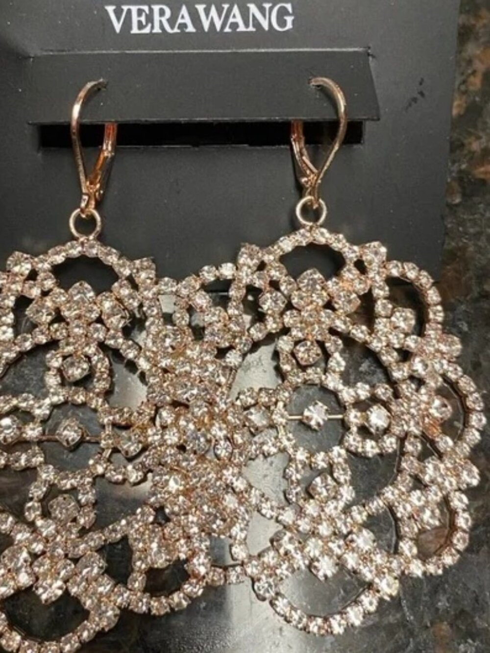 VERA WANG Victorian Rose Gold Clear Crystal Lace Filigree Drop Earrings**NEW! - Picture 4 of 4